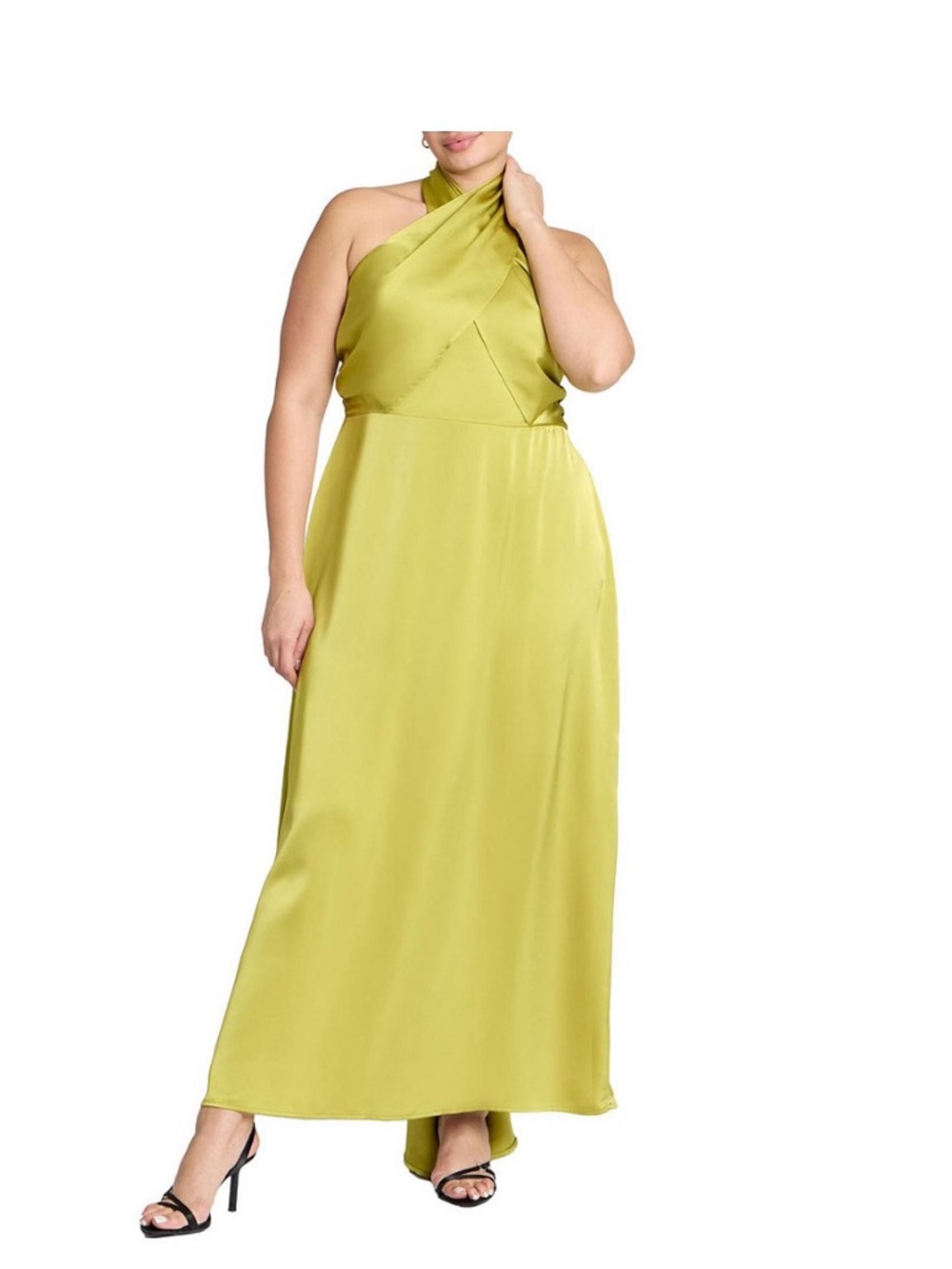 Eloquii Halter Satin Event Dress in Warm Olive